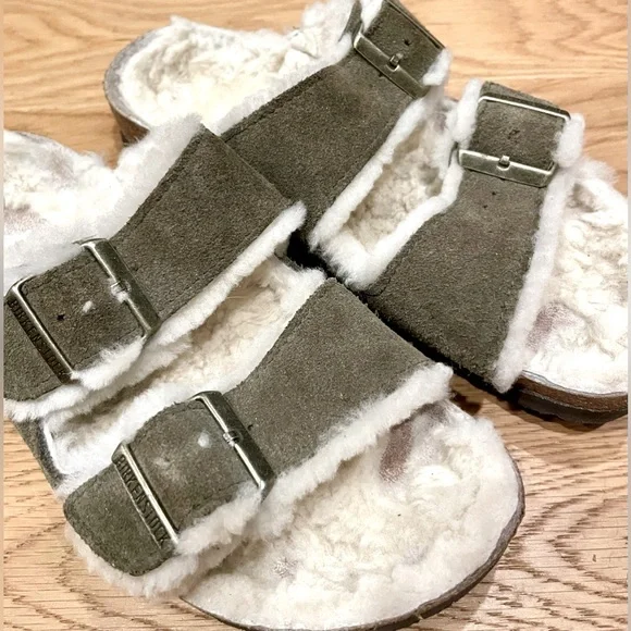 Birkenstock Arizona shearling suede leather sandal sz US 7-7.5 38 unisex olive - Picture 2 of 9